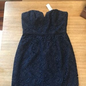 J Crew Navy Strapless Dress Allover Leavers Lace